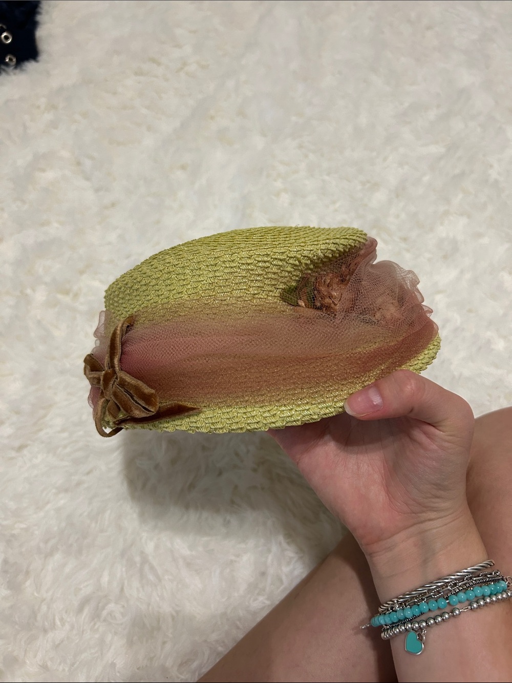 Vintage Lime Straw Pillbox Hat with Pink Tulle Accent - Red Bird